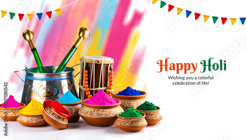 vibrant festival greeting card with colorful powders and traditional drum