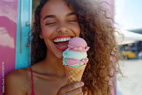 Woman laughing with eyes closed while enjoying colorful triple-scoop ice cream near pastel ice cream truck