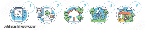 Icon set with numbered digital detox steps from 1 to 5. Text-free. Suitable for infographics, presentations, and mobile interfaces