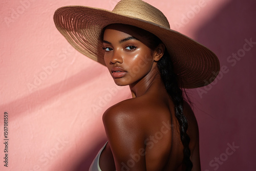 Fashion portrait of woman with dramatic sunhat casting shadow on face for a sophisticated summer vibe