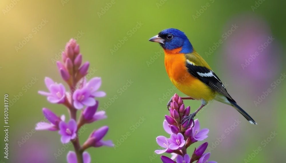 Fototapeta premium Colorful finch perched on purple blooms, meadow setting, sharp detail, garden, photo, wildflower