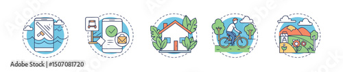 Icon set for digital detox theme: notifications, screen-free zones, home, activity, nature. Text-free. Ideal for UI and visual design