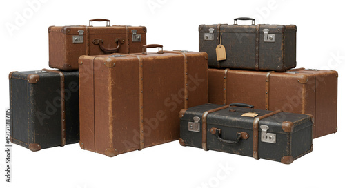 Illustration Stack of Vintage Brown Luggage Suitcases Travel Bags on Transparent