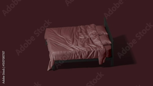 Double bed with red bedding, looped rotation, 4k