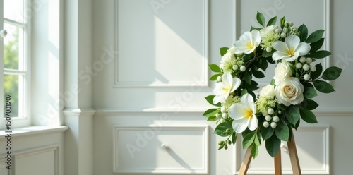 Elegant white & green floral wreath on a stand, serene funeral setting , memorial, table centerpiece, loss