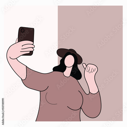Woman taking a selfie with phone and hat in a flat style illustration