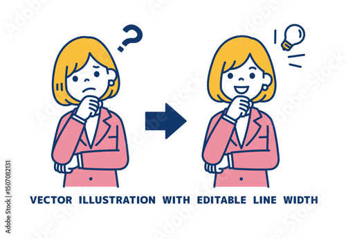 悩んでいるポーズと閃いたポーズの、女性会社員のベクターイラスト素材＿線幅の編集可能