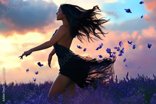 Lavender field moment with woman twirling in wind, dress and hair moving freely in open field