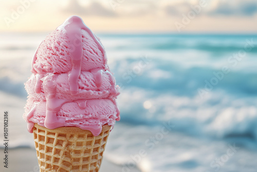 Melting pink ice cream cone with blurred beach and ocean in the background under the hot sun