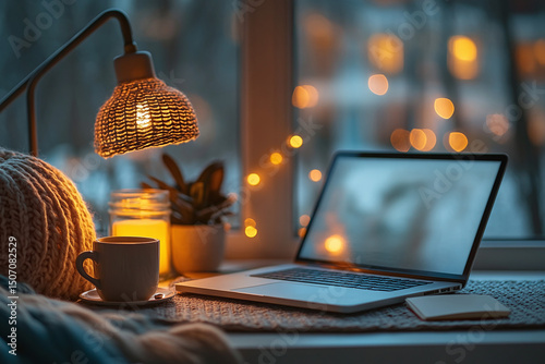 Cozy home working desk with closed laptop, desk lamp, coffee mug and notepad on textured mat