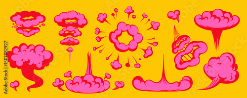 Comic smoke cloud set with pink explosion shapes and fire-like bursts on a yellow background. Cartoon smoke and cloud vector illustration. Perfect for stickers, posters, retro comic designs