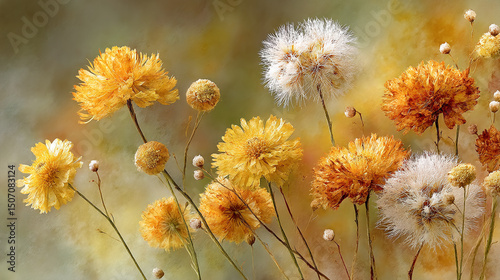 Delicate dried flowers with textured petals and soft, fluffy seed heads in warm yellow and orange tones, creating gentle, nostalgic atmosphere