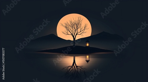 Tranquil island at night, with a single tree and a lantern reflecting on a calm lake under a large moon