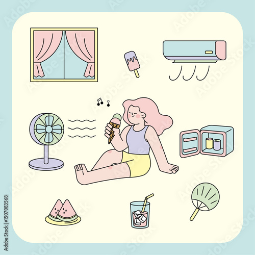 Cute_Summer_Chill_Set_with_Girl_Fan_IceCream_ColdDrinks