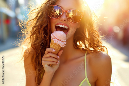 Woman in sunglasses licking melting ice cream cone and smiling playfully while walking on sunny street
