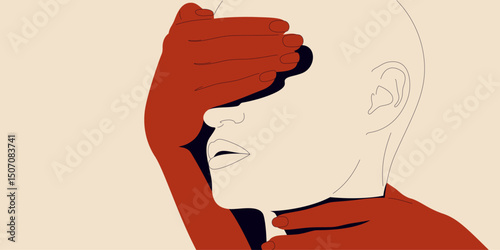 Silhouette of a womans face, where eyes and neck covered by other hands. Abuse, and sexual harassment, violence against women.   Vector illustration concept. Copy space.