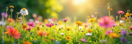 A vibrant meadow bursting with wildflowers in full bloom, bathed in soft sunlight Perfect for nature, spring, summer, and floral themes Ideal for websites, blogs, and publications , flora, bloom
