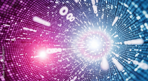 A colorful digital tunnel showcasing flying binary numbers, with lens flares and a blurred depth of field, Generative AI.