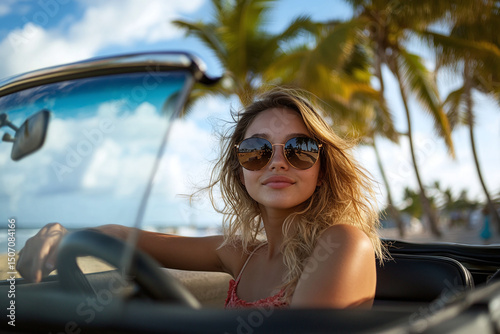 Convertible mirror check with woman preparing to continue drive under tropical sun and palm trees