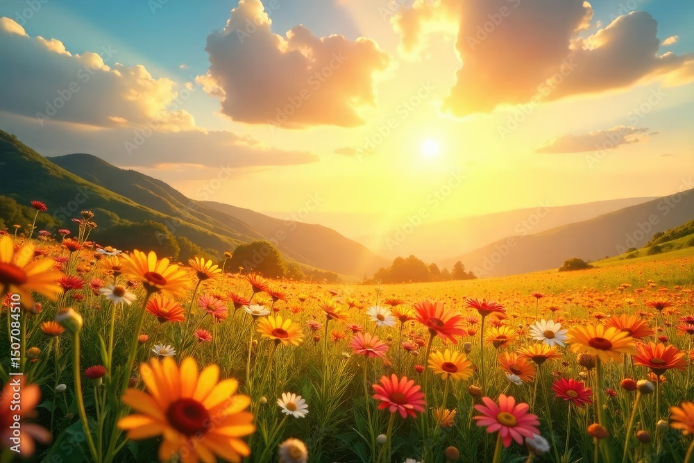 Obraz premium A vibrant, sun-drenched scene bursting with joyful energy Golden sunlight illuminates a landscape filled with uplifting and cheerful colors , golden hour, vibrant, fantastic