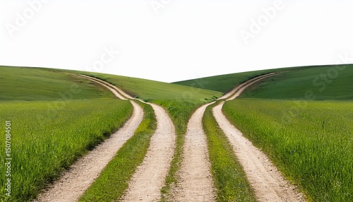 two diverging countryside paths in a green field leading into the distance isolated transparent cutout