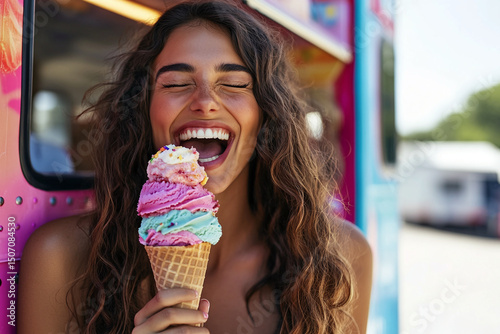 Joyful woman with vibrant ice cream cone laughing by pastel-colored truck on a warm summer day