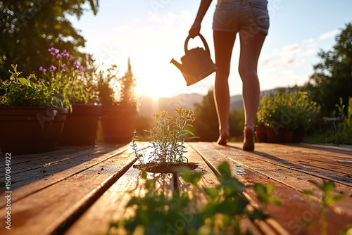 Herb and flower care with woman watering potted plants outdoors on sunny patio or terrace