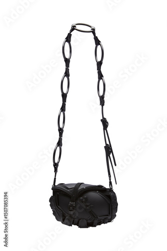 Avant garde black shoulder bag with chain detail on white background photo