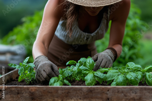 Woman collecting herbs from raised garden planter with gloves and basket during summer gardening