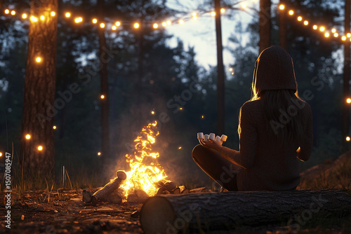 Nighttime camping fun with woman sitting on log by fire making marshmallows under starlit sky