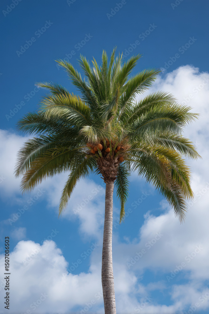 Obraz premium stunning palm tree with ripe coconut set against bright blue sky filled with fluffy clouds