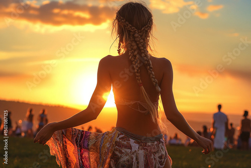 Boho woman twirling in flowing kimono at sunset during music festival with golden sky silhouette