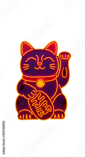 Neon Illustration of Lucky Cat Beckoning Good Fortune on Transparent Background