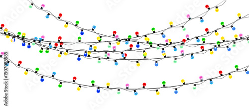 Festive Christmas lights garland on transparent background. Glowing bulbs in colourful string decor. Bright holiday vector banner png for seasonal greeting or celebration design