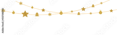 Festive PNG banner with shiny gold bunting, flags, stars, garlands. Perfect for New Year, birthday or Christmas party decoration, luxury celebration, or invitation overlay