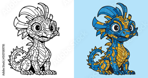 A blue and yellow dragon with a smile on its face. The dragon is sitting on a blue background