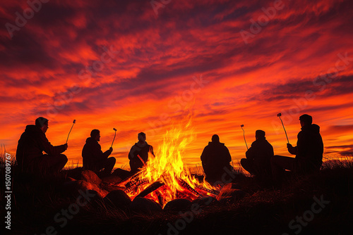 Group of friends gathered around a campfire at sunset roasting marshmallows, enjoying warmth and connection under a glowing sky