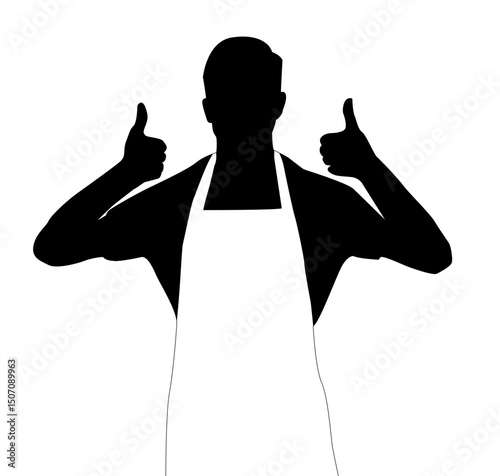 silhouette of a a male chef wearing an apron with both hands up and thumbs up