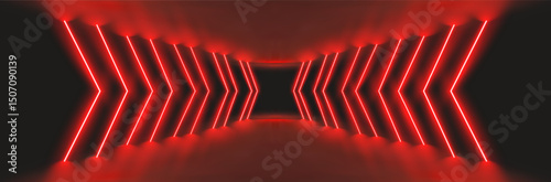 Red Neon Light Arrow on Black. Casino Background Abstract. Futuristic Tech Perspective with Dynamic LED Light Bars and Glowing Energy Effects. Sci Fi Cyberpunk Tunnel Interior Ambient Lighting