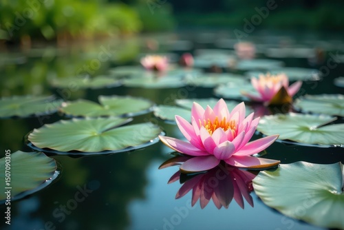 Water lilies forming a natural floral pattern on still lake , plant, wildlife