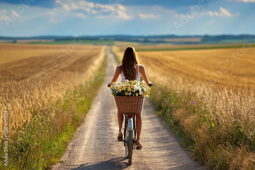 Rear view of woman biking down country lane with basket of wildflowers and golden fields on both sides