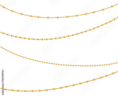 Shiny PNG garland of round beads, pearls, and ornaments in gold and yellow tones. Ideal for festive, Christmas, or ethnic-style decoration, design elements, and borders.