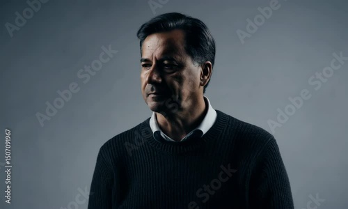 Horizontal video, man in a shirt and sweater on a gray background