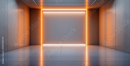 Minimalist futuristic interior with illuminated orange light strips on smooth walls and reflective tiled floor, set in modern space concept. Ai generative