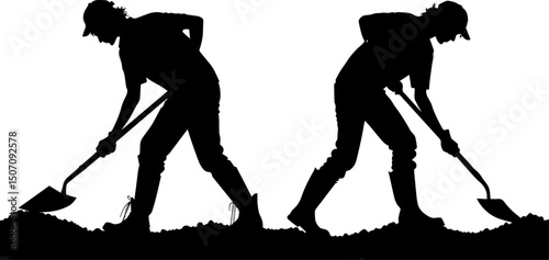 Set of Silhouettes of People Digging with Shovels