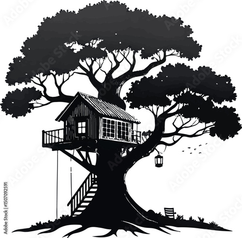 Detailed Treehouse in Large Oak Tree Silhouette