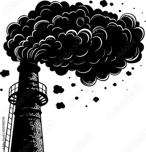 Industrial Chimney Emitting Thick Black Smoke Pollution