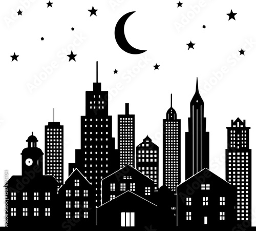 City Skyline Silhouette at Night with Moon and Stars