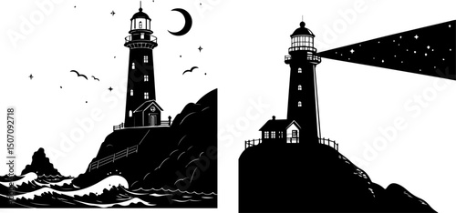 Vintage Lighthouse Silhouettes on Cliff with Night Sky and Ocean