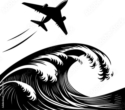 Airplane Flying Over Ocean Wave Silhouette - Travel and Adventure Concept